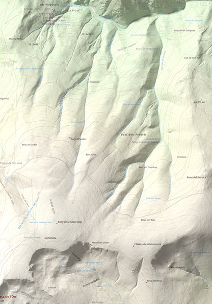 Mapa de relieve de Torreta de l'Orri, 2436 m, Pallars Sobirà, lámina 100 Cims de Trobart. Detalle de la zona superior derecha. 70 × 100 cm.