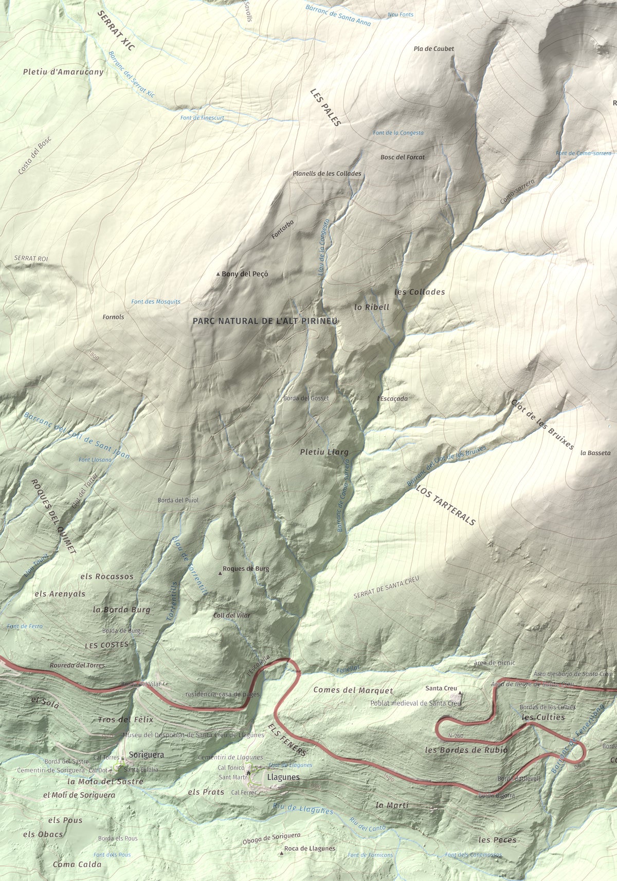 Mapa de relieve de Torreta de l'Orri, 2436 m, Pallars Sobirà, lámina 100 Cims de Trobart. Detalle de la zona inferior izquierda. 70 × 100 cm.