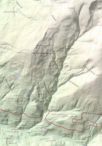 Mapa de relieve de Torreta de l'Orri, 2436 m, Pallars Sobirà, lámina 100 Cims de Trobart. Detalle de la zona inferior izquierda. 70 × 100 cm.