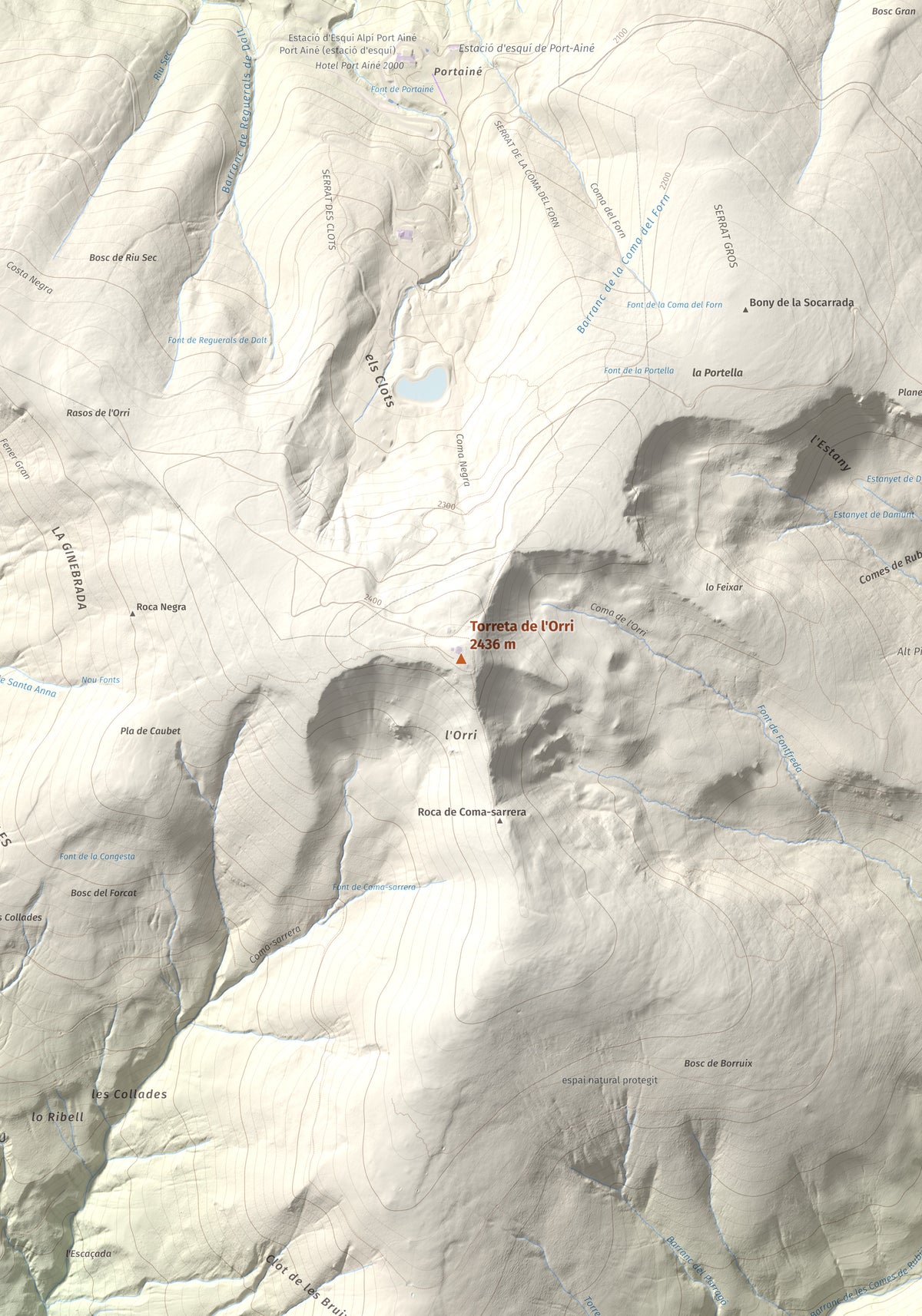 Mapa de relieve de Torreta de l'Orri, 2436 m, Pallars Sobirà, lámina 100 Cims de Trobart. Detalle de la zona central. 70 × 100 cm.