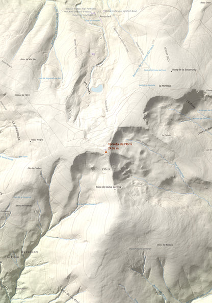 Mapa de relieve de Torreta de l'Orri, 2436 m, Pallars Sobirà, lámina 100 Cims de Trobart. Detalle de la zona central. 70 × 100 cm.