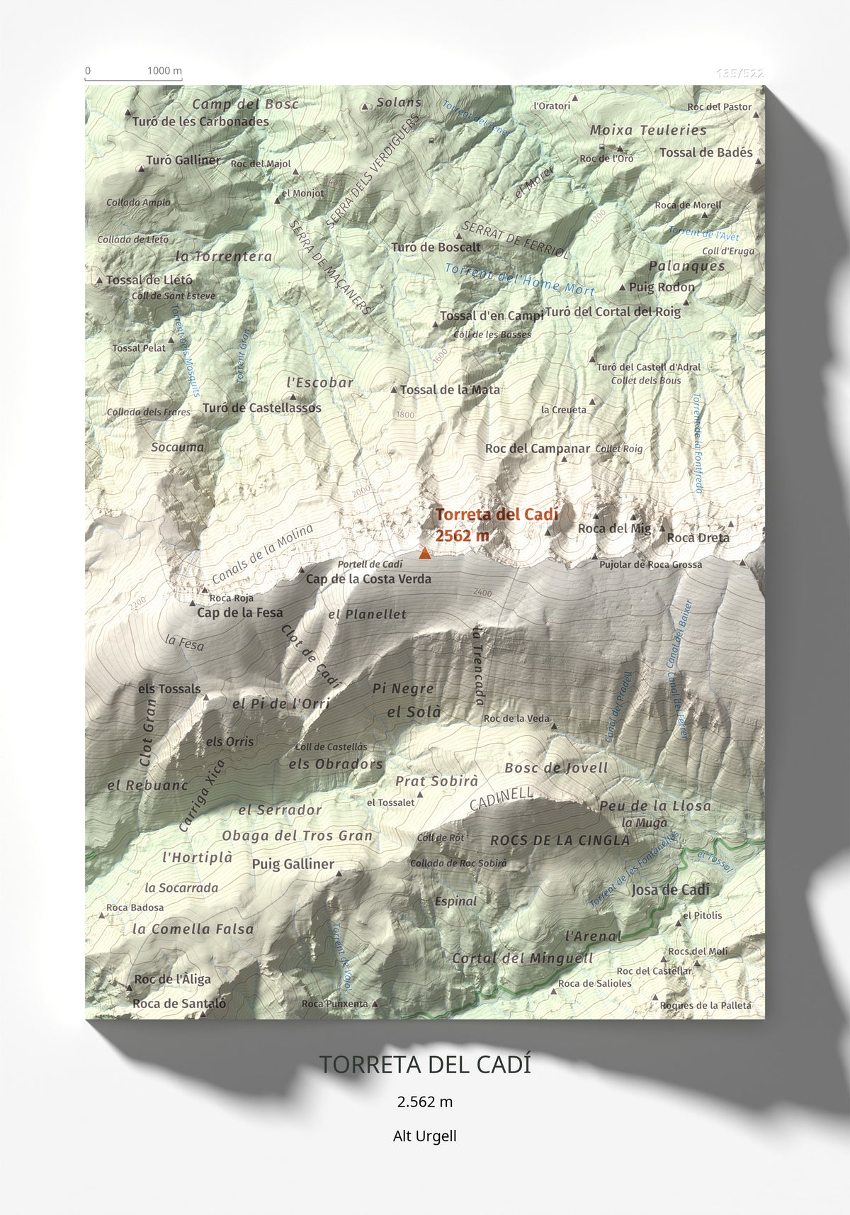Mapa de relieve de Torreta del Cadí, 2562 m, Alt Urgell, lámina 100 Cims de Trobart 21 × 30 cm.