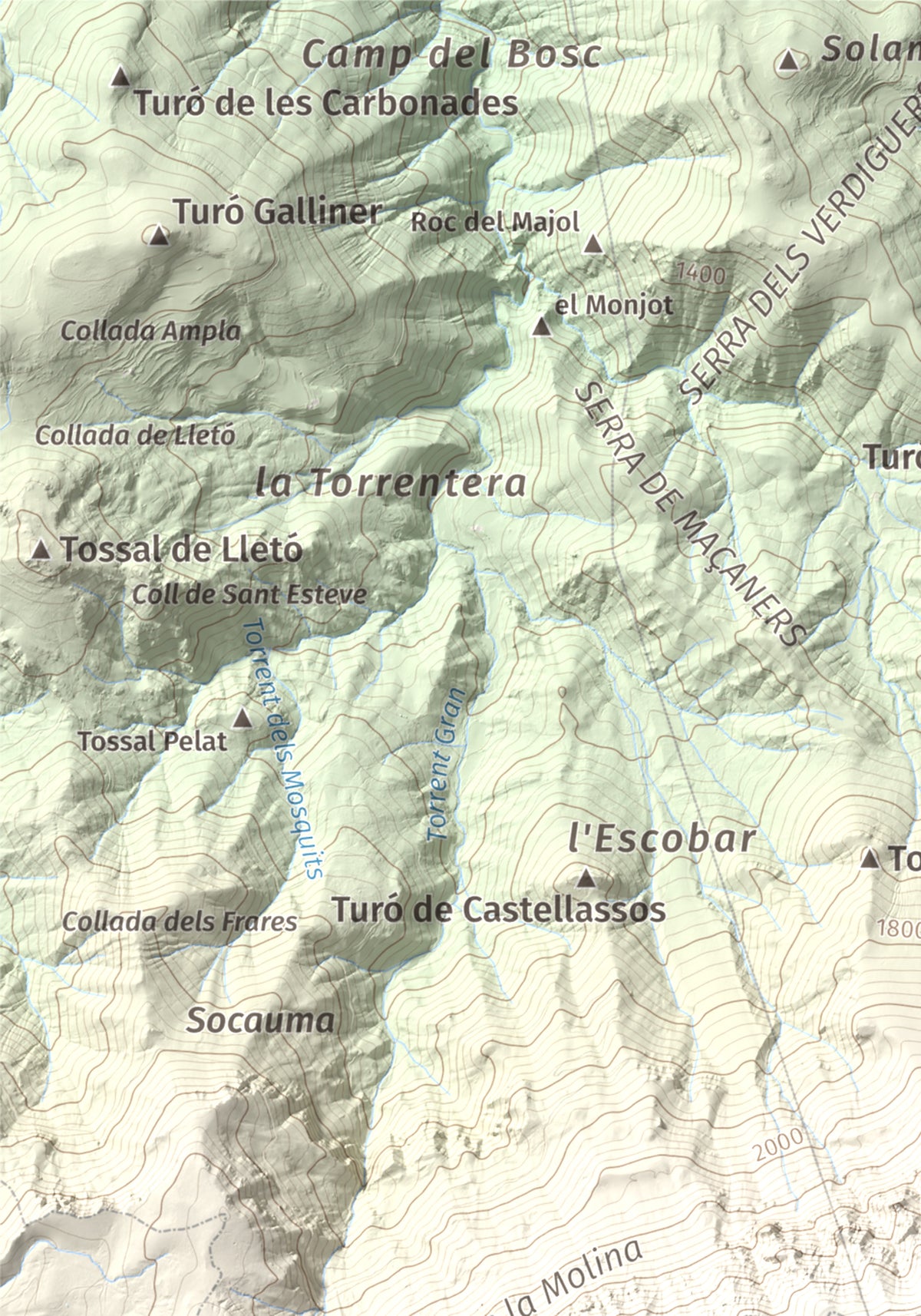 Mapa de relieve de Torreta del Cadí, 2562 m, Alt Urgell, lámina 100 Cims de Trobart. Detalle de la zona superior izquierda. 21 × 30 cm.