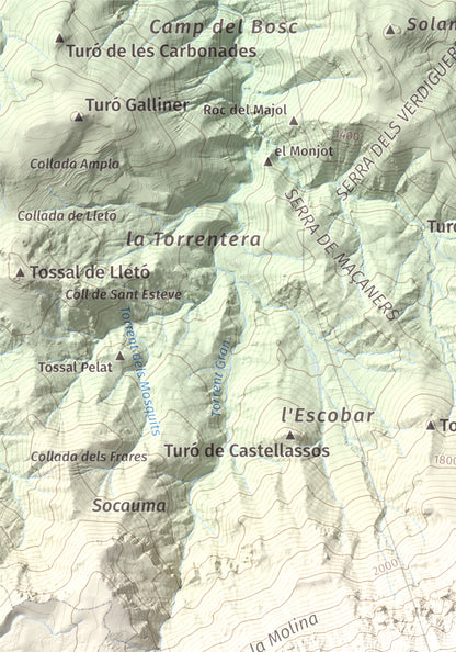 Mapa de relieve de Torreta del Cadí, 2562 m, Alt Urgell, lámina 100 Cims de Trobart. Detalle de la zona superior izquierda. 21 × 30 cm.