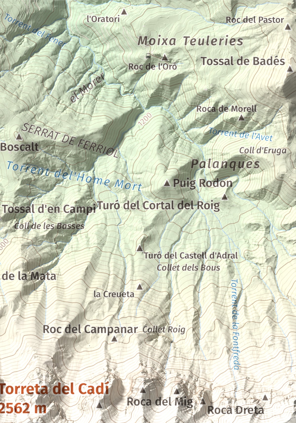 Mapa de relieve de Torreta del Cadí, 2562 m, Alt Urgell, lámina 100 Cims de Trobart. Detalle de la zona superior derecha. 21 × 30 cm.