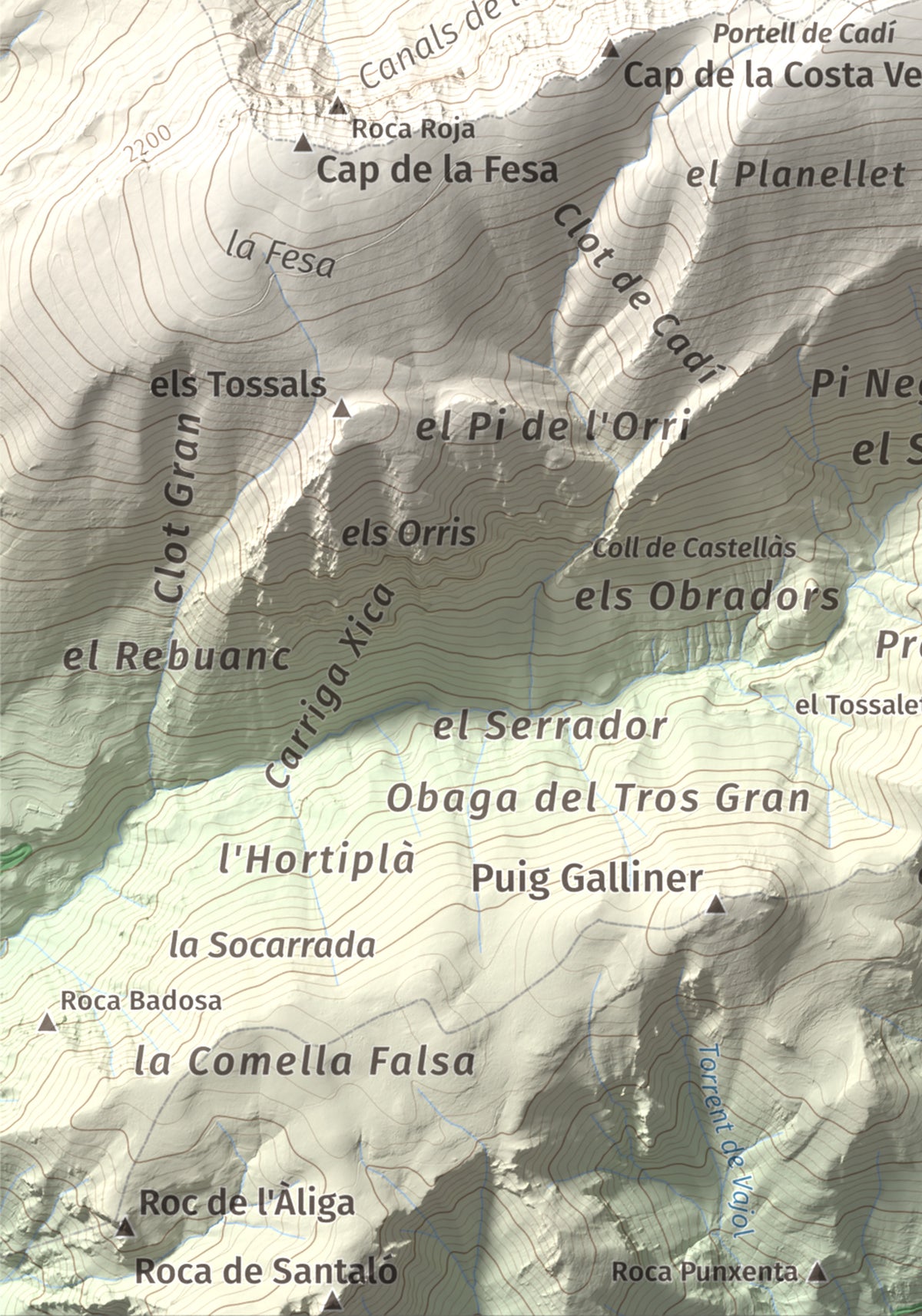 Mapa de relieve de Torreta del Cadí, 2562 m, Alt Urgell, lámina 100 Cims de Trobart. Detalle de la zona inferior izquierda. 21 × 30 cm.