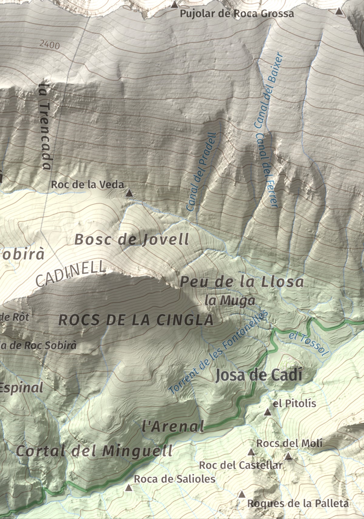Mapa de relieve de Torreta del Cadí, 2562 m, Alt Urgell, lámina 100 Cims de Trobart. Detalle de la zona inferior derecha. 21 × 30 cm.