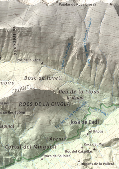 Mapa de relieve de Torreta del Cadí, 2562 m, Alt Urgell, lámina 100 Cims de Trobart. Detalle de la zona inferior derecha. 21 × 30 cm.