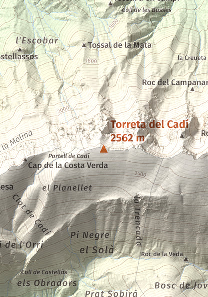 Mapa de relieve de Torreta del Cadí, 2562 m, Alt Urgell, lámina 100 Cims de Trobart. Detalle de la zona central. 21 × 30 cm.