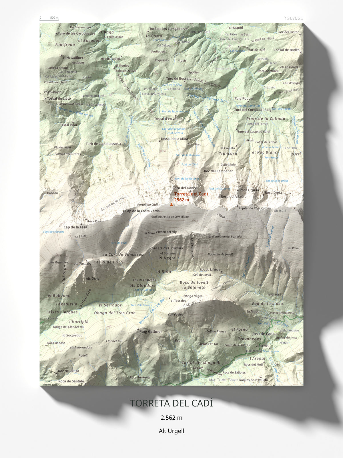 Mapa de relieve de Torreta del Cadí, 2562 m, Alt Urgell, lámina 100 Cims de Trobart 30 × 40 cm.