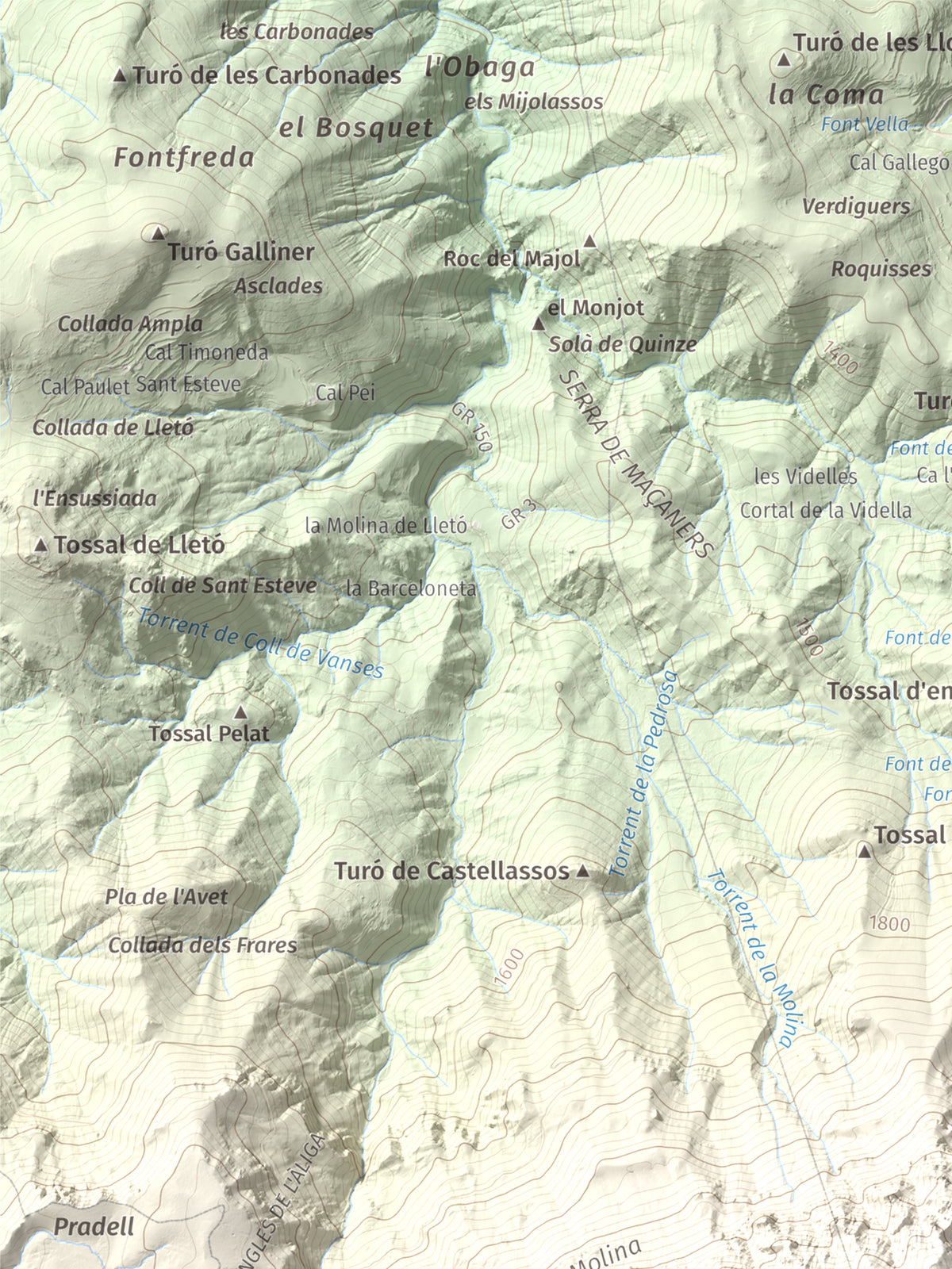 Mapa de relieve de Torreta del Cadí, 2562 m, Alt Urgell, lámina 100 Cims de Trobart. Detalle de la zona superior izquierda. 30 × 40 cm.