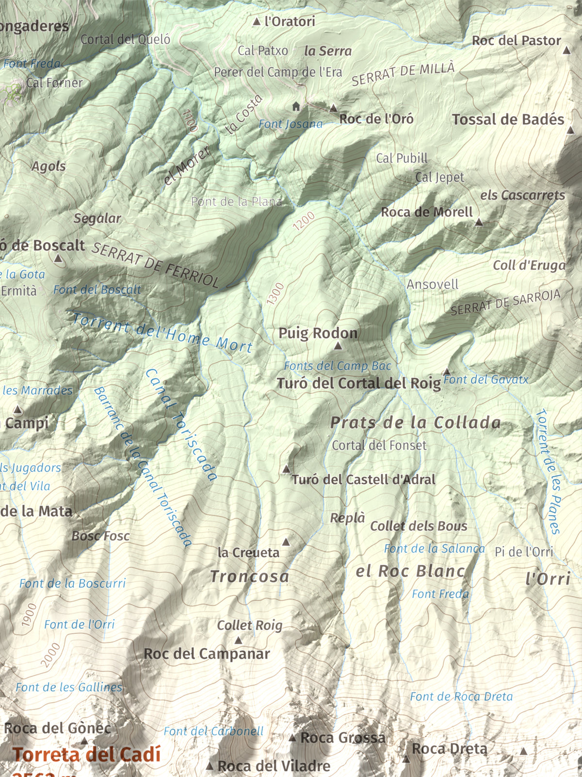Mapa de relieve de Torreta del Cadí, 2562 m, Alt Urgell, lámina 100 Cims de Trobart. Detalle de la zona superior derecha. 30 × 40 cm.