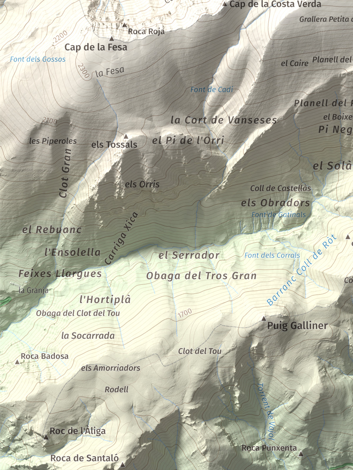 Mapa de relieve de Torreta del Cadí, 2562 m, Alt Urgell, lámina 100 Cims de Trobart. Detalle de la zona inferior izquierda. 30 × 40 cm.