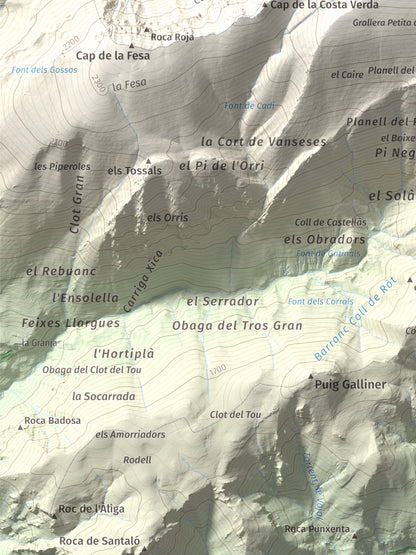 Mapa de relieve de Torreta del Cadí, 2562 m, Alt Urgell, lámina 100 Cims de Trobart. Detalle de la zona inferior izquierda. 30 × 40 cm.