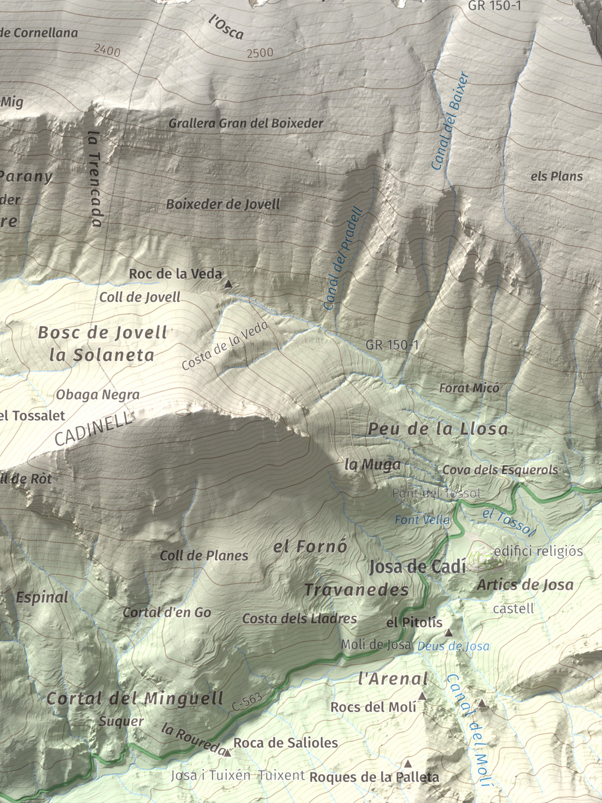 Mapa de relieve de Torreta del Cadí, 2562 m, Alt Urgell, lámina 100 Cims de Trobart. Detalle de la zona inferior derecha. 30 × 40 cm.
