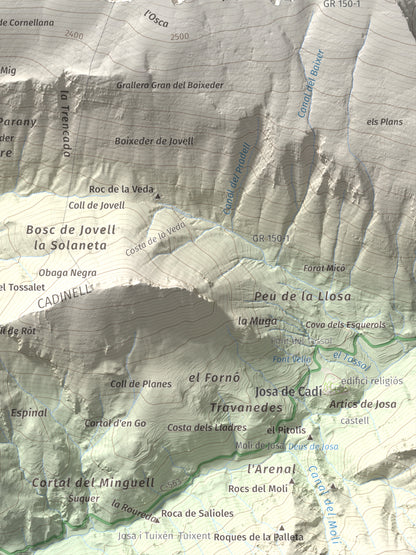 Mapa de relieve de Torreta del Cadí, 2562 m, Alt Urgell, lámina 100 Cims de Trobart. Detalle de la zona inferior derecha. 30 × 40 cm.