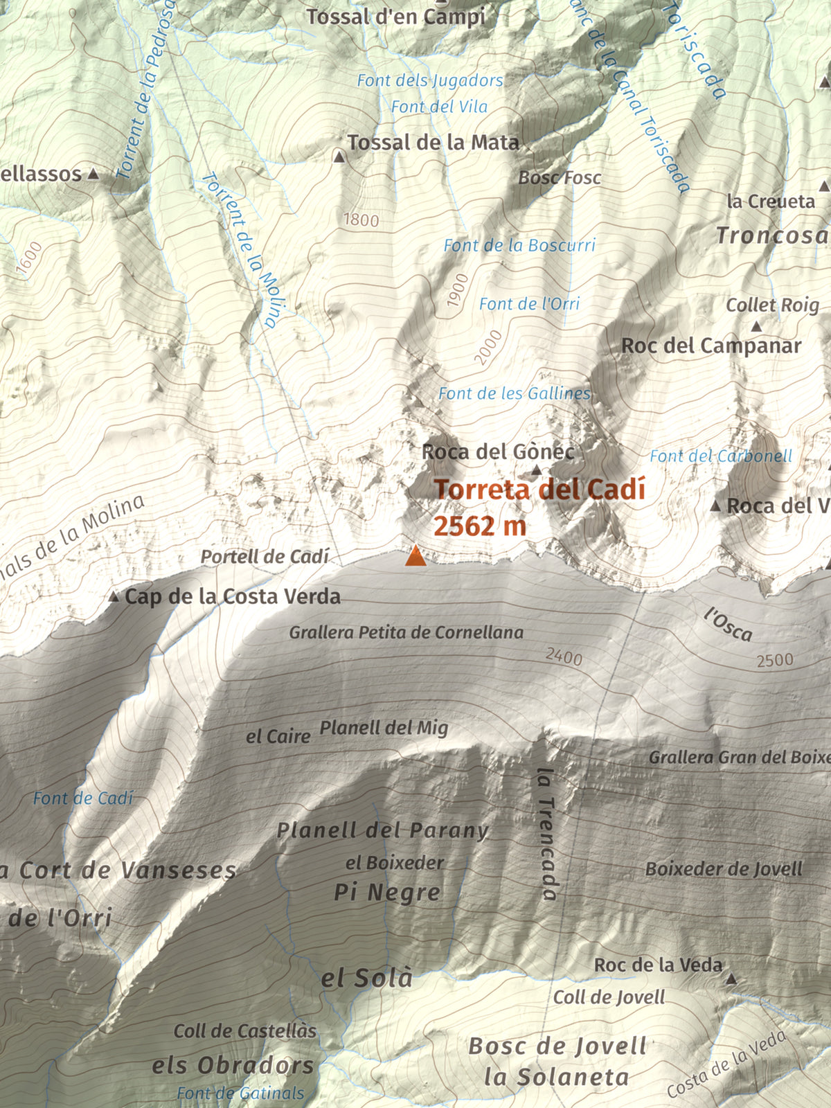 Mapa de relieve de Torreta del Cadí, 2562 m, Alt Urgell, lámina 100 Cims de Trobart. Detalle de la zona central. 30 × 40 cm.