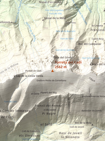 Mapa de relieve de Torreta del Cadí, 2562 m, Alt Urgell, lámina 100 Cims de Trobart. Detalle de la zona central. 30 × 40 cm.