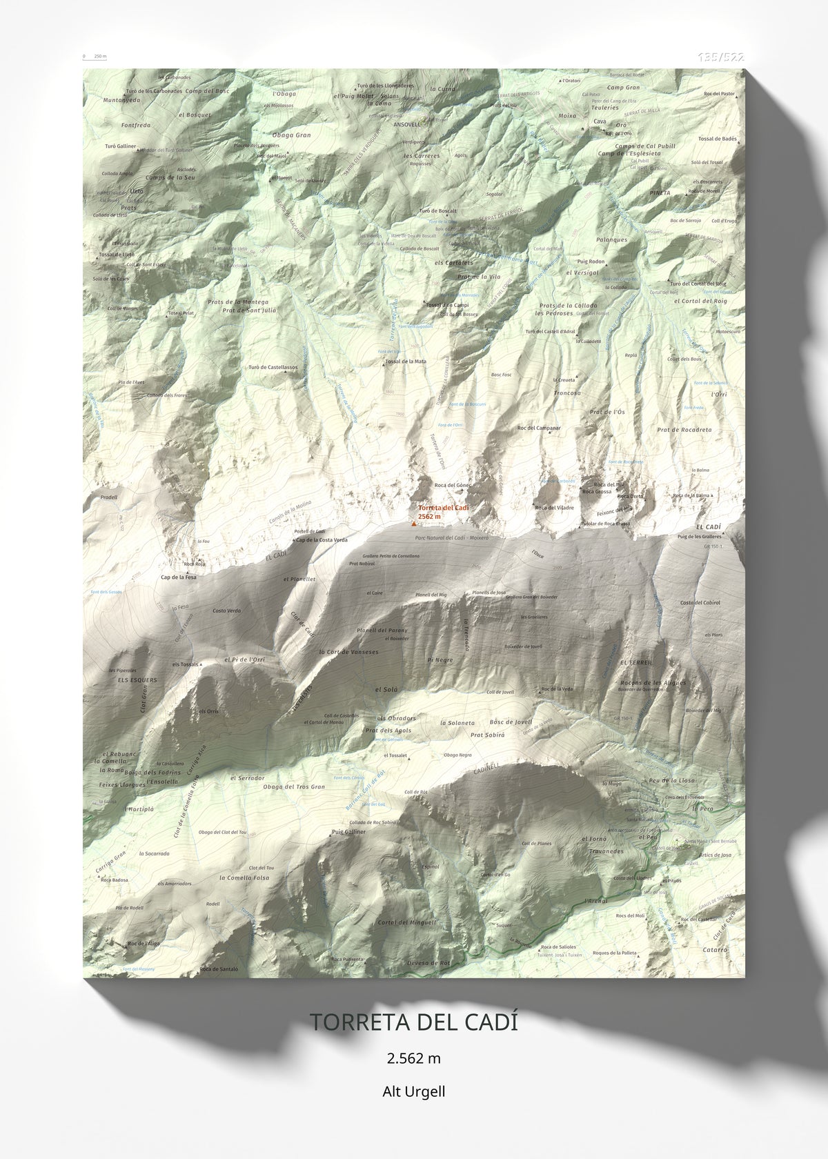 Mapa de relieve de Torreta del Cadí, 2562 m, Alt Urgell, lámina 100 Cims de Trobart 50 × 70 cm.