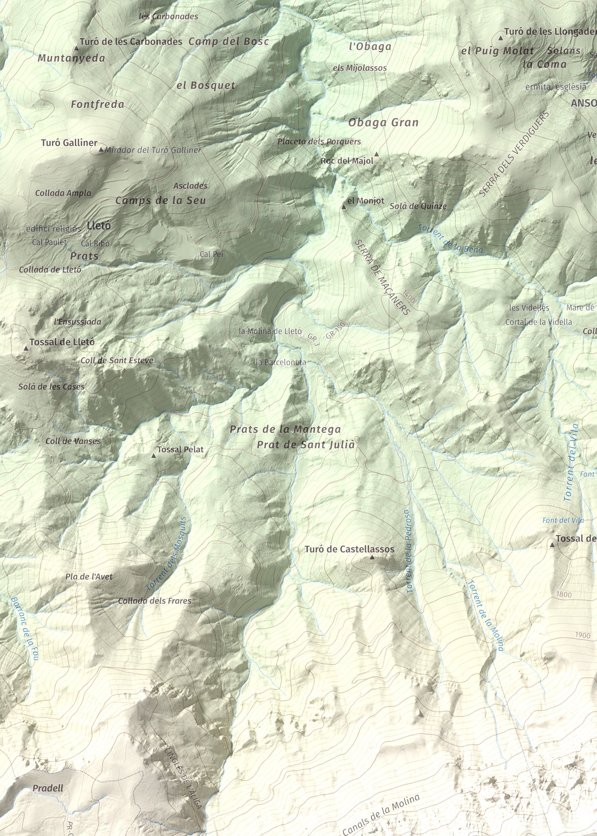 Mapa de relieve de Torreta del Cadí, 2562 m, Alt Urgell, lámina 100 Cims de Trobart. Detalle de la zona superior izquierda. 50 × 70 cm.