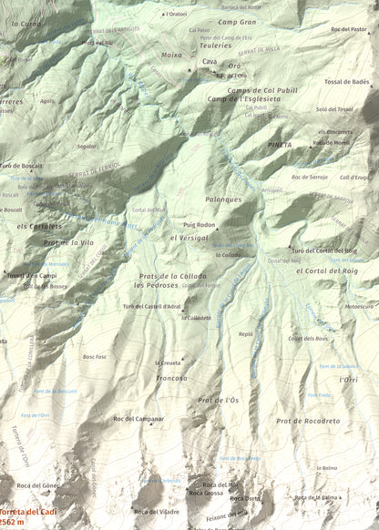 Mapa de relieve de Torreta del Cadí, 2562 m, Alt Urgell, lámina 100 Cims de Trobart. Detalle de la zona superior derecha. 50 × 70 cm.