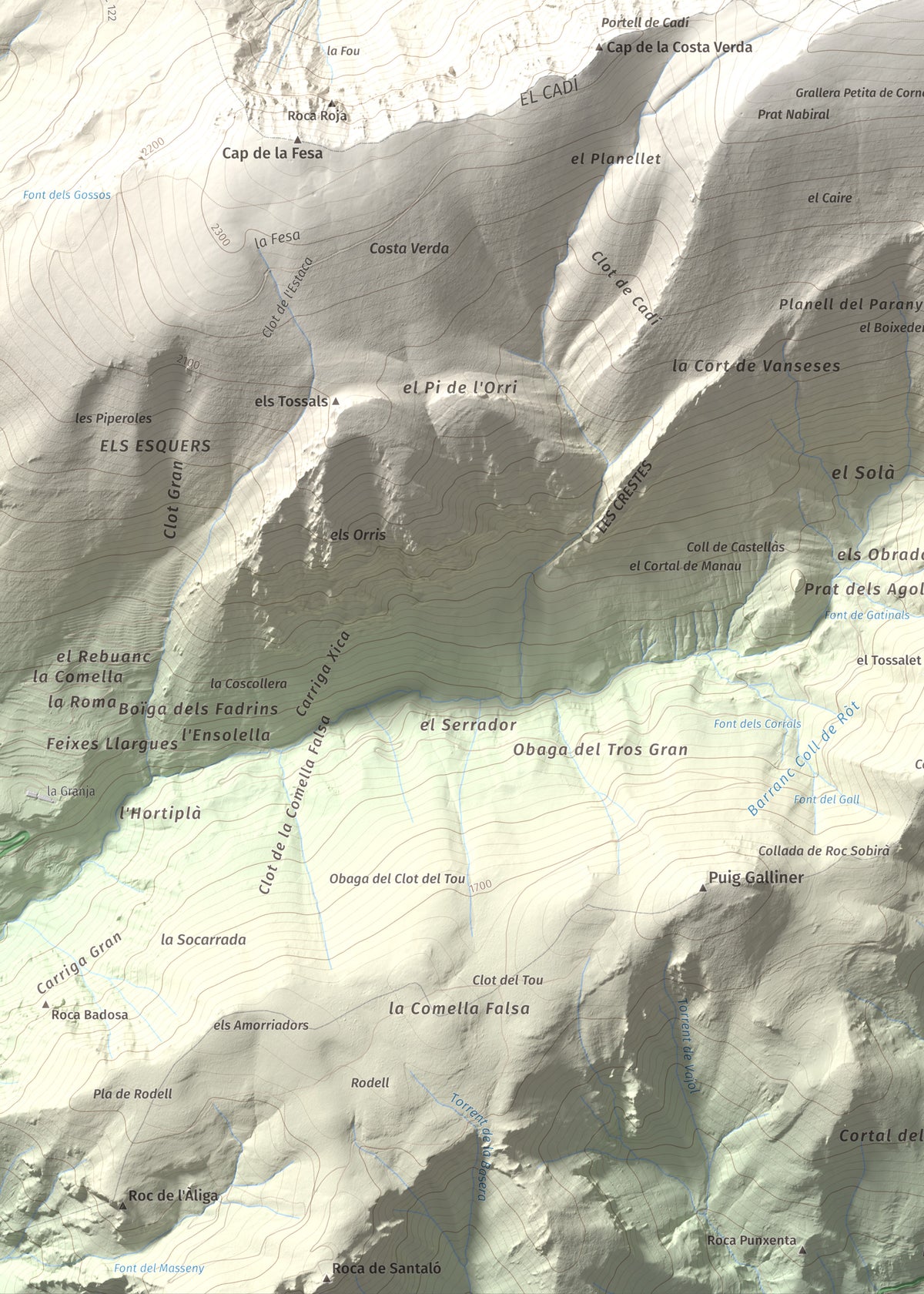 Mapa de relieve de Torreta del Cadí, 2562 m, Alt Urgell, lámina 100 Cims de Trobart. Detalle de la zona inferior izquierda. 50 × 70 cm.