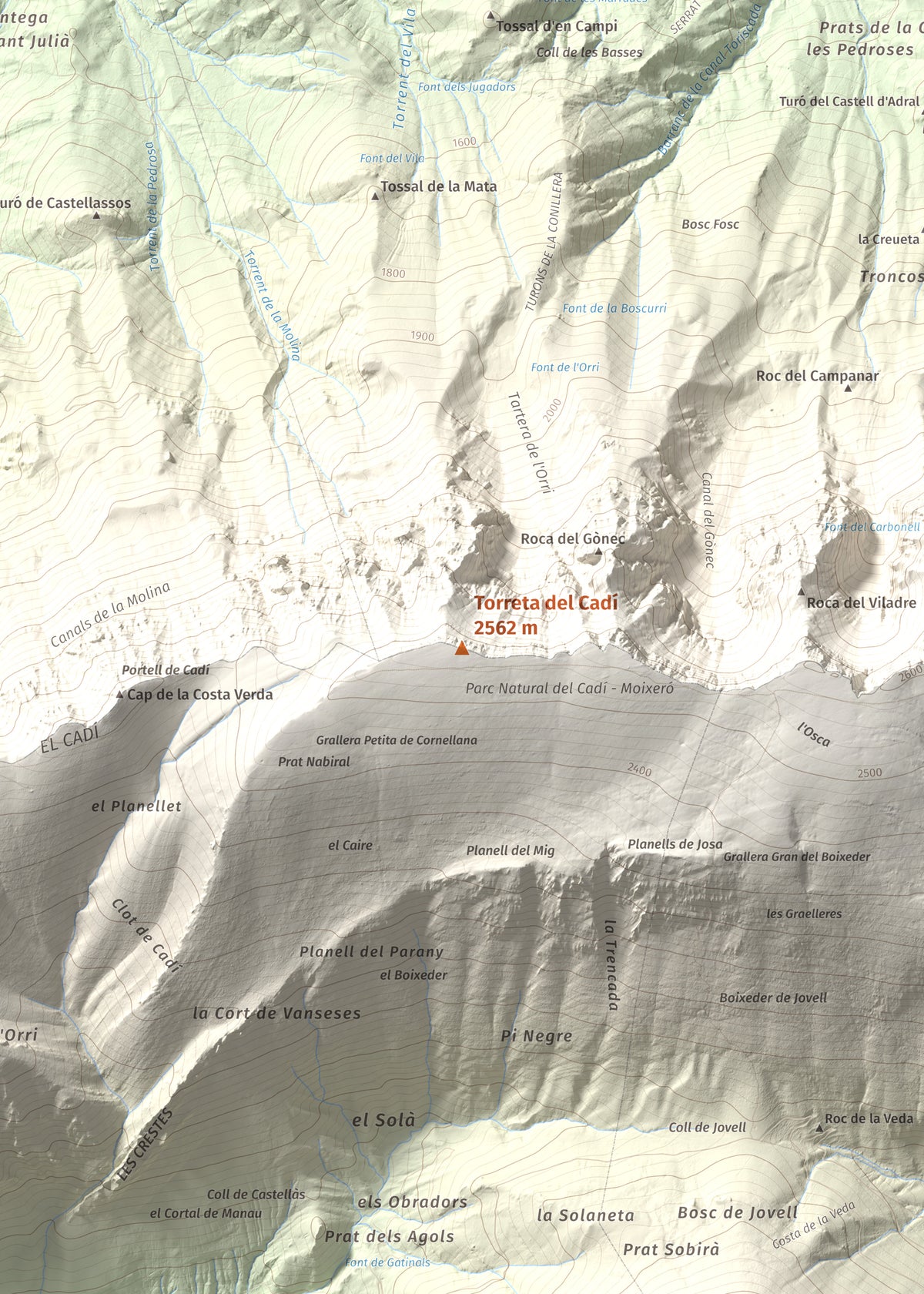 Mapa de relieve de Torreta del Cadí, 2562 m, Alt Urgell, lámina 100 Cims de Trobart. Detalle de la zona central. 50 × 70 cm.