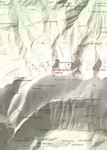 Mapa de relieve de Torreta del Cadí, 2562 m, Alt Urgell, lámina 100 Cims de Trobart. Detalle de la zona central. 50 × 70 cm.