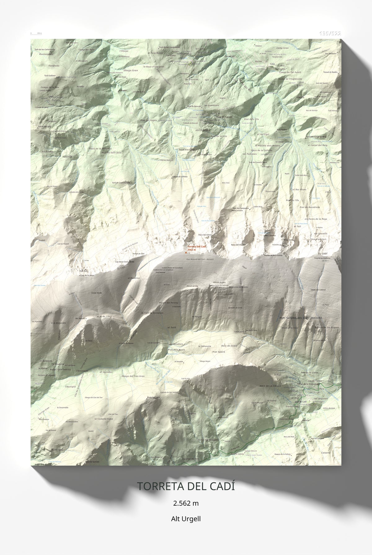 Mapa de relieve de Torreta del Cadí, 2562 m, Alt Urgell, lámina 100 Cims de Trobart 61 × 91 cm.
