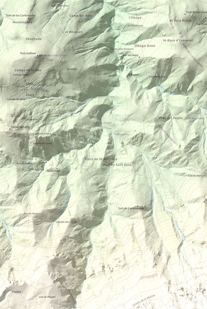 Mapa de relieve de Torreta del Cadí, 2562 m, Alt Urgell, lámina 100 Cims de Trobart. Detalle de la zona superior izquierda. 61 × 91 cm.