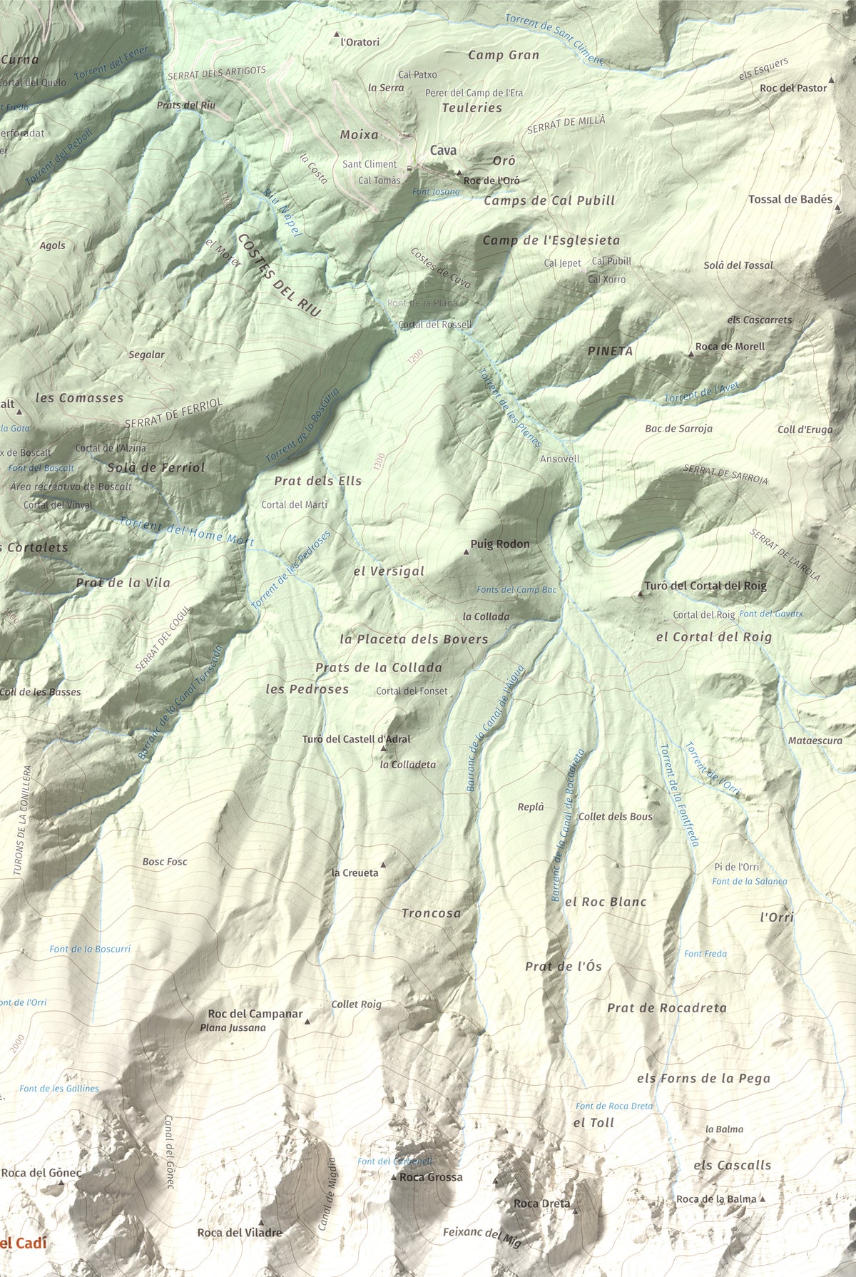 Mapa de relieve de Torreta del Cadí, 2562 m, Alt Urgell, lámina 100 Cims de Trobart. Detalle de la zona superior derecha. 61 × 91 cm.