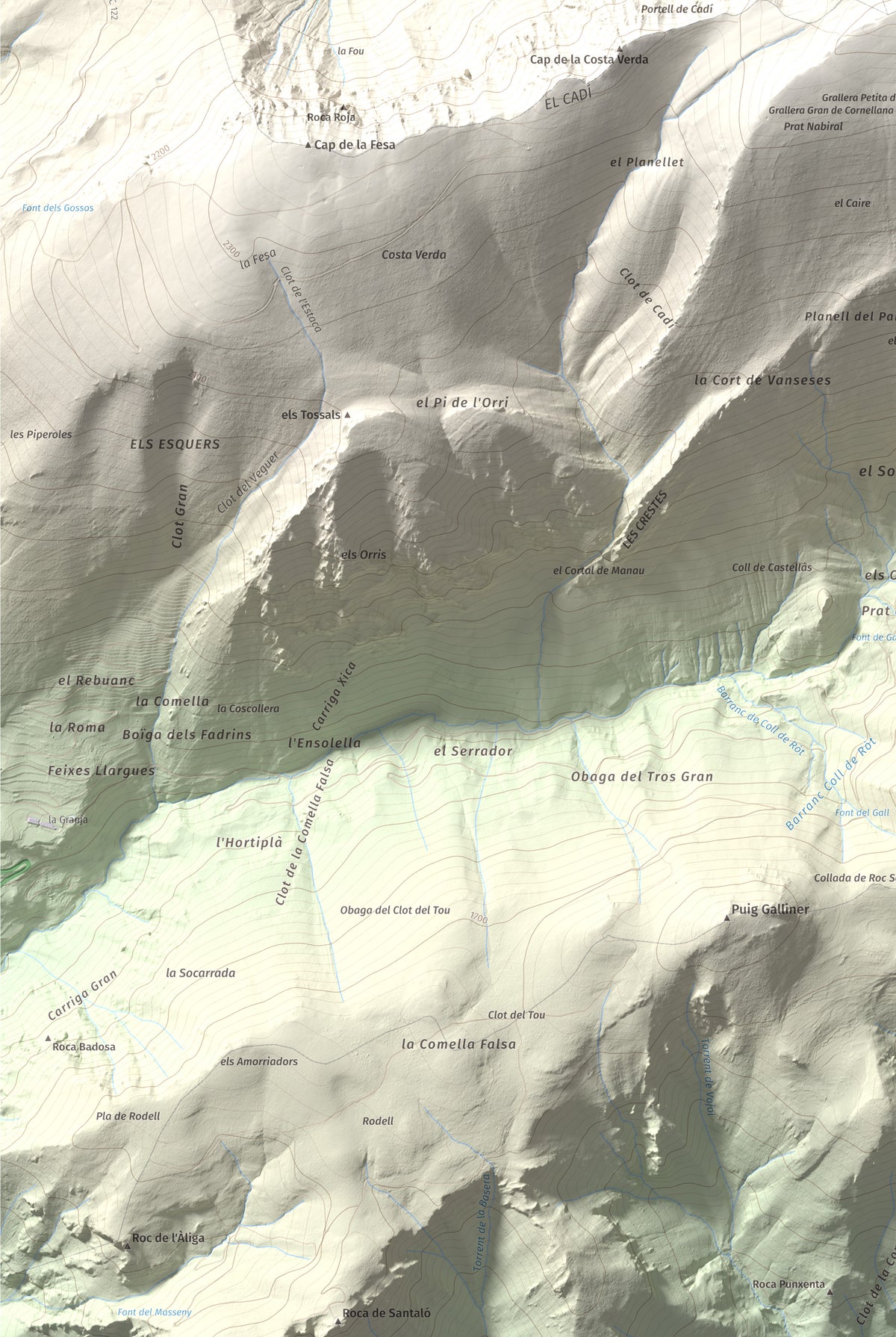 Mapa de relieve de Torreta del Cadí, 2562 m, Alt Urgell, lámina 100 Cims de Trobart. Detalle de la zona inferior izquierda. 61 × 91 cm.