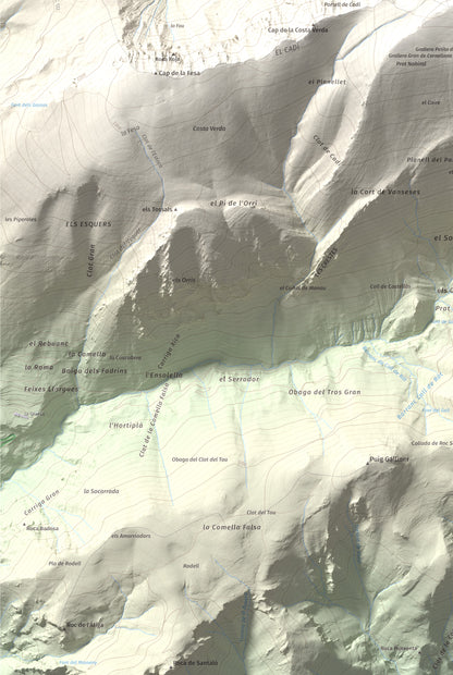 Mapa de relieve de Torreta del Cadí, 2562 m, Alt Urgell, lámina 100 Cims de Trobart. Detalle de la zona inferior izquierda. 61 × 91 cm.