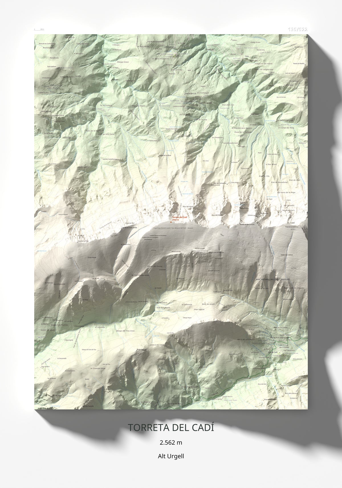 Mapa de relieve de Torreta del Cadí, 2562 m, Alt Urgell, lámina 100 Cims de Trobart 70 × 100 cm.