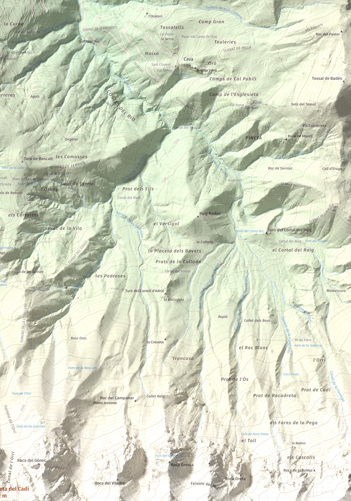 Mapa de relieve de Torreta del Cadí, 2562 m, Alt Urgell, lámina 100 Cims de Trobart. Detalle de la zona superior derecha. 70 × 100 cm.