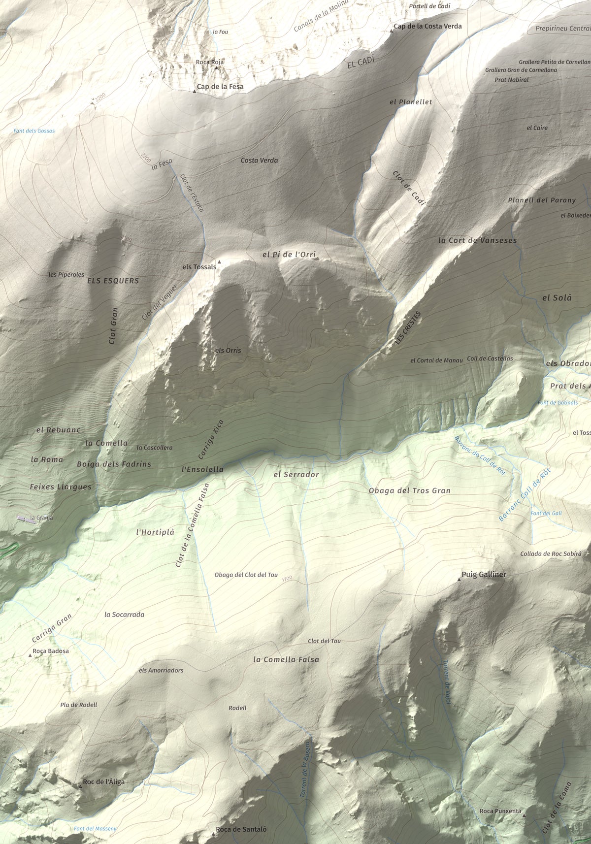 Mapa de relieve de Torreta del Cadí, 2562 m, Alt Urgell, lámina 100 Cims de Trobart. Detalle de la zona inferior izquierda. 70 × 100 cm.