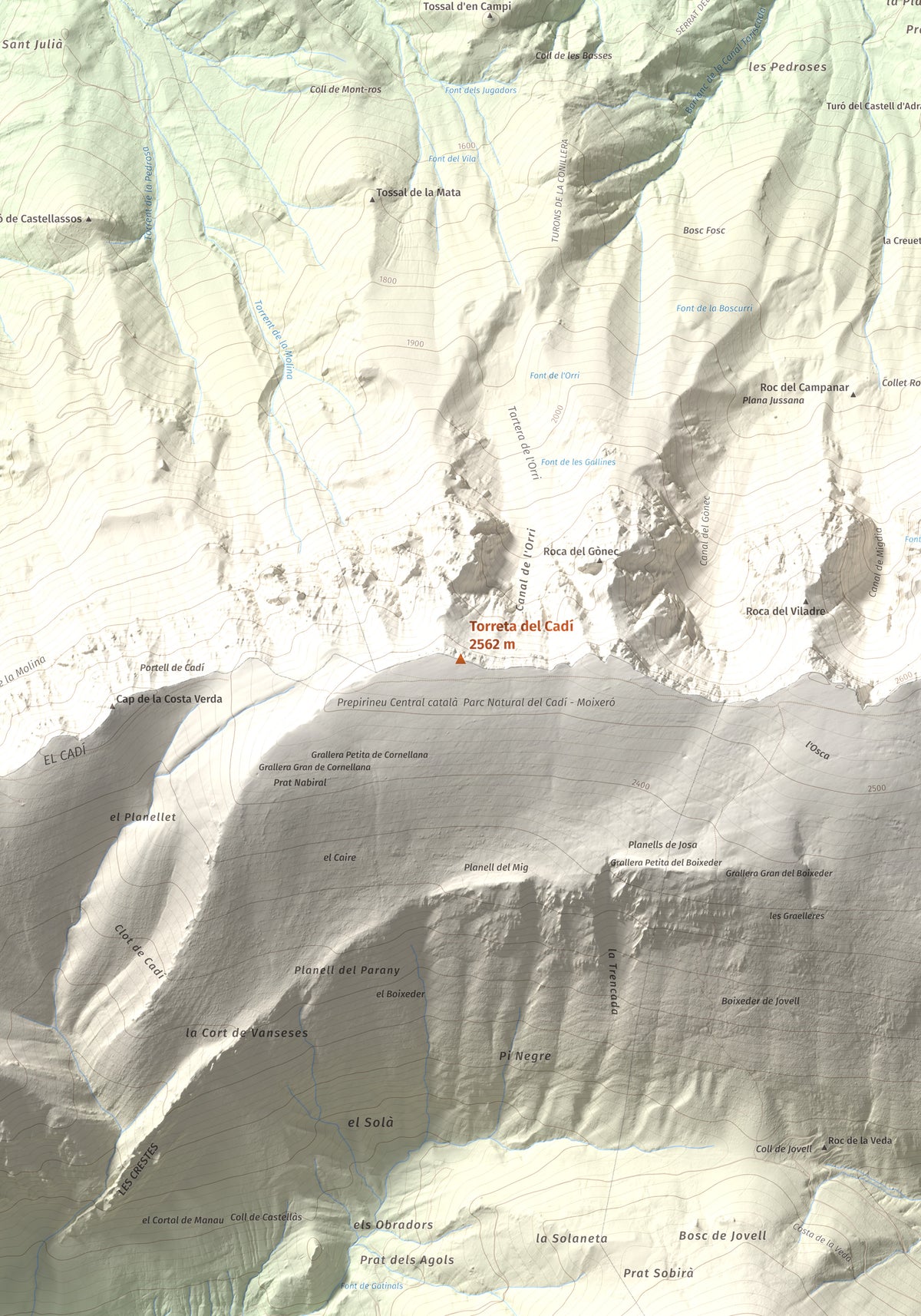 Mapa de relieve de Torreta del Cadí, 2562 m, Alt Urgell, lámina 100 Cims de Trobart. Detalle de la zona central. 70 × 100 cm.
