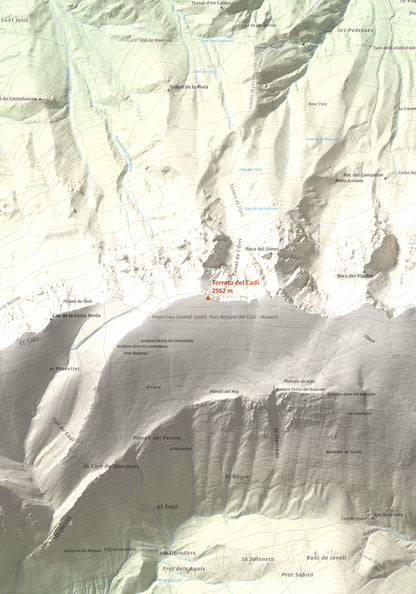 Mapa de relieve de Torreta del Cadí, 2562 m, Alt Urgell, lámina 100 Cims de Trobart. Detalle de la zona central. 70 × 100 cm.