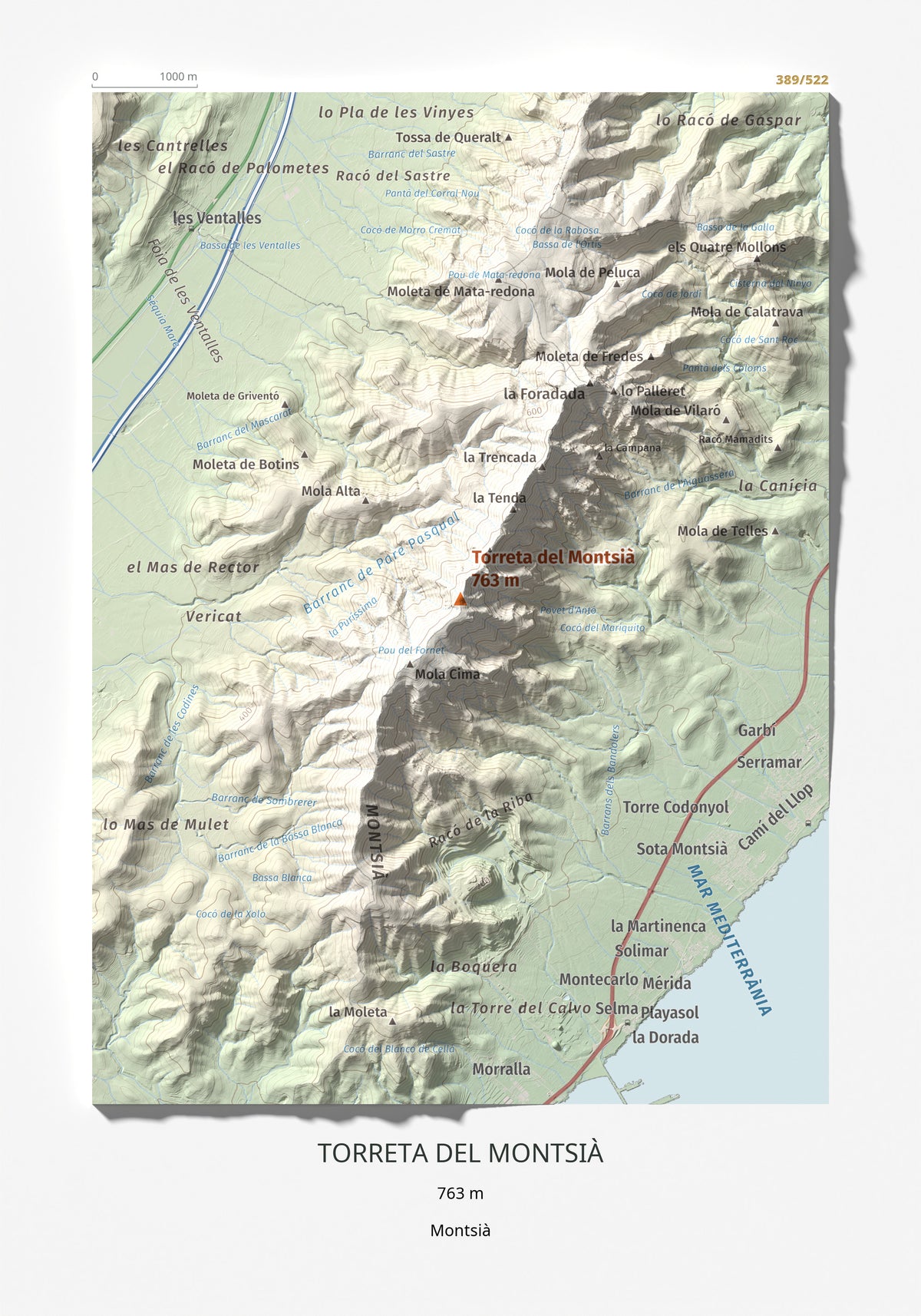 Mapa topogràfic del relleu: Torreta del Montsià, 763 m. Làmina completa. 21 × 30 cm.