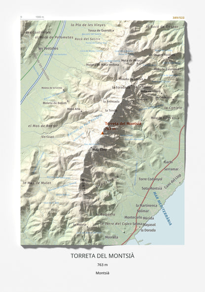 Mapa topogràfic del relleu: Torreta del Montsià, 763 m. Làmina completa. 21 × 30 cm.