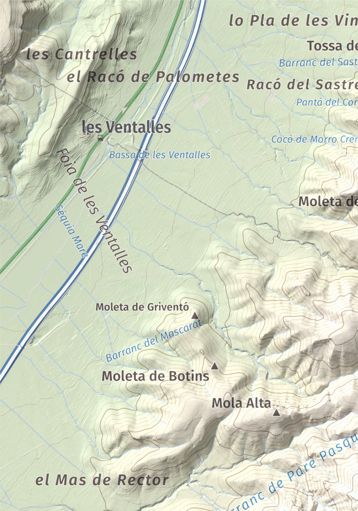 Mapa topogràfic del relleu: Torreta del Montsià, 763 m. Detall de la zona superior esquerra. 21 × 30 cm.