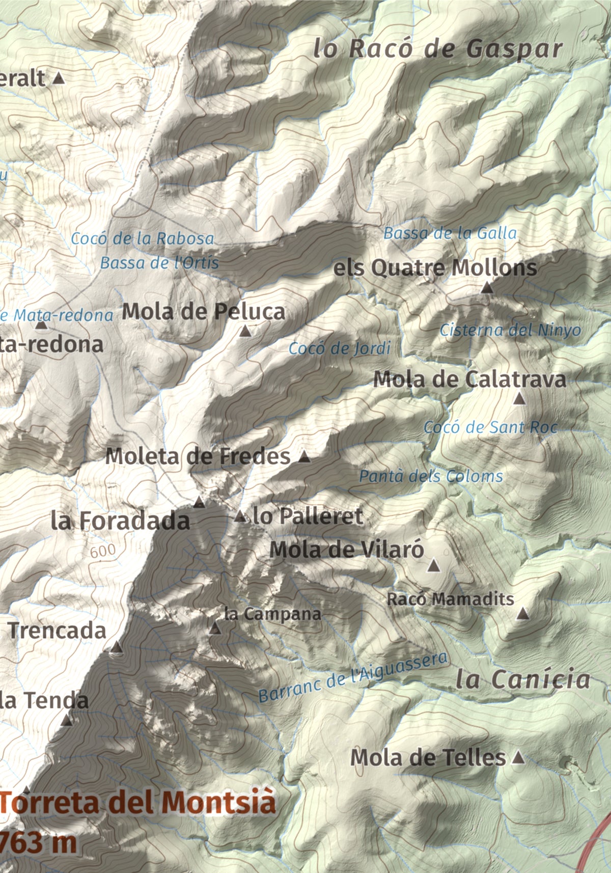 Mapa topogràfic del relleu: Torreta del Montsià, 763 m. Detall de la zona superior dreta. 21 × 30 cm.