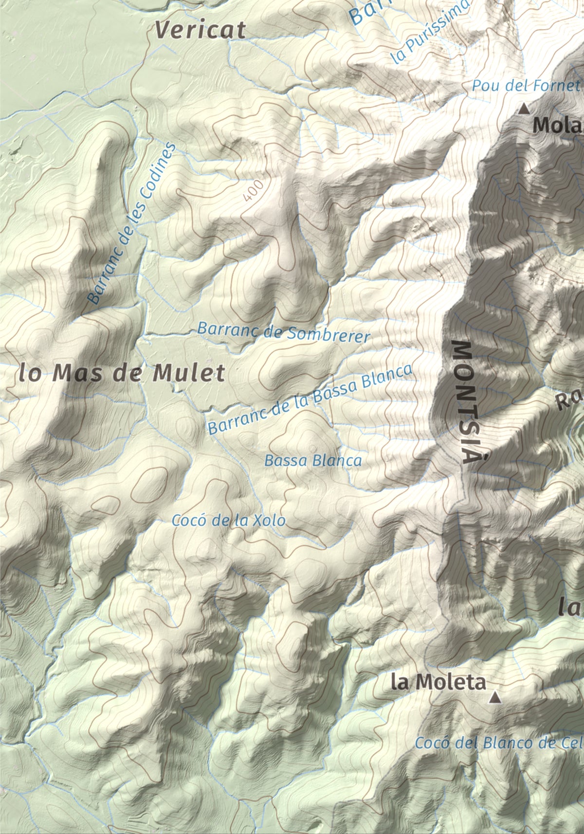 Mapa topogràfic del relleu: Torreta del Montsià, 763 m. Detall de la zona inferior esquerra. 21 × 30 cm.