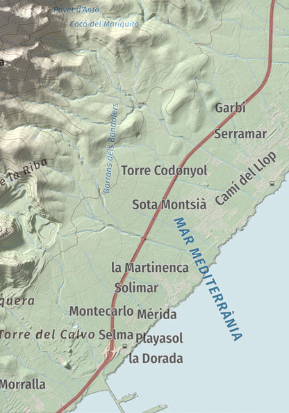Mapa topogràfic del relleu: Torreta del Montsià, 763 m. Detall de la zona inferior dreta. 21 × 30 cm.