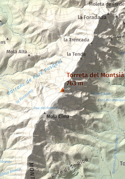 Mapa topogràfic del relleu: Torreta del Montsià, 763 m. Detall de la zona central. 21 × 30 cm.