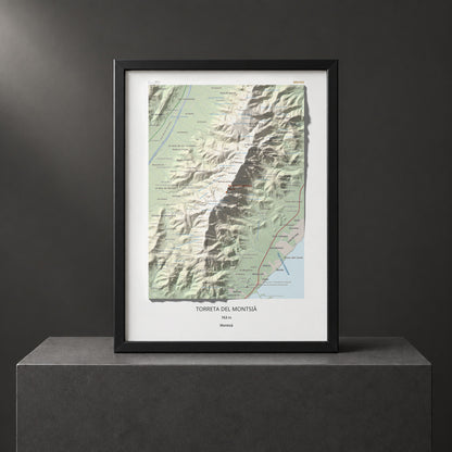 Mapa topogràfic del relleu: Torreta del Montsià, 763 m. Presentació emmarcada. 30 × 40 cm.