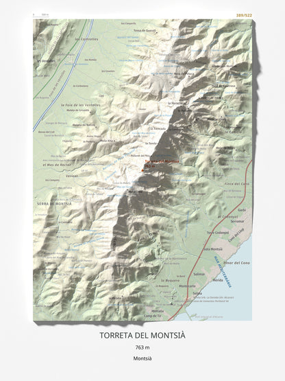 Mapa topogràfic del relleu: Torreta del Montsià, 763 m. Làmina completa. 30 × 40 cm.