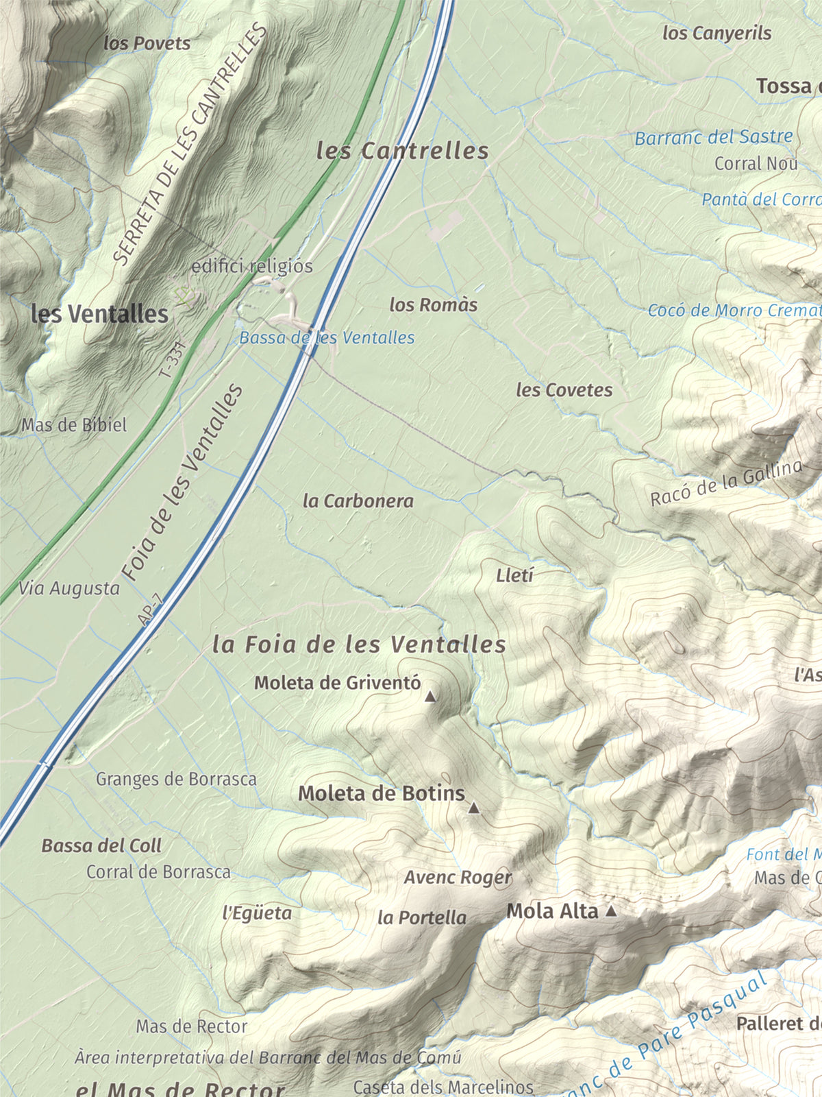 Mapa topogràfic del relleu: Torreta del Montsià, 763 m. Detall de la zona superior esquerra. 30 × 40 cm.