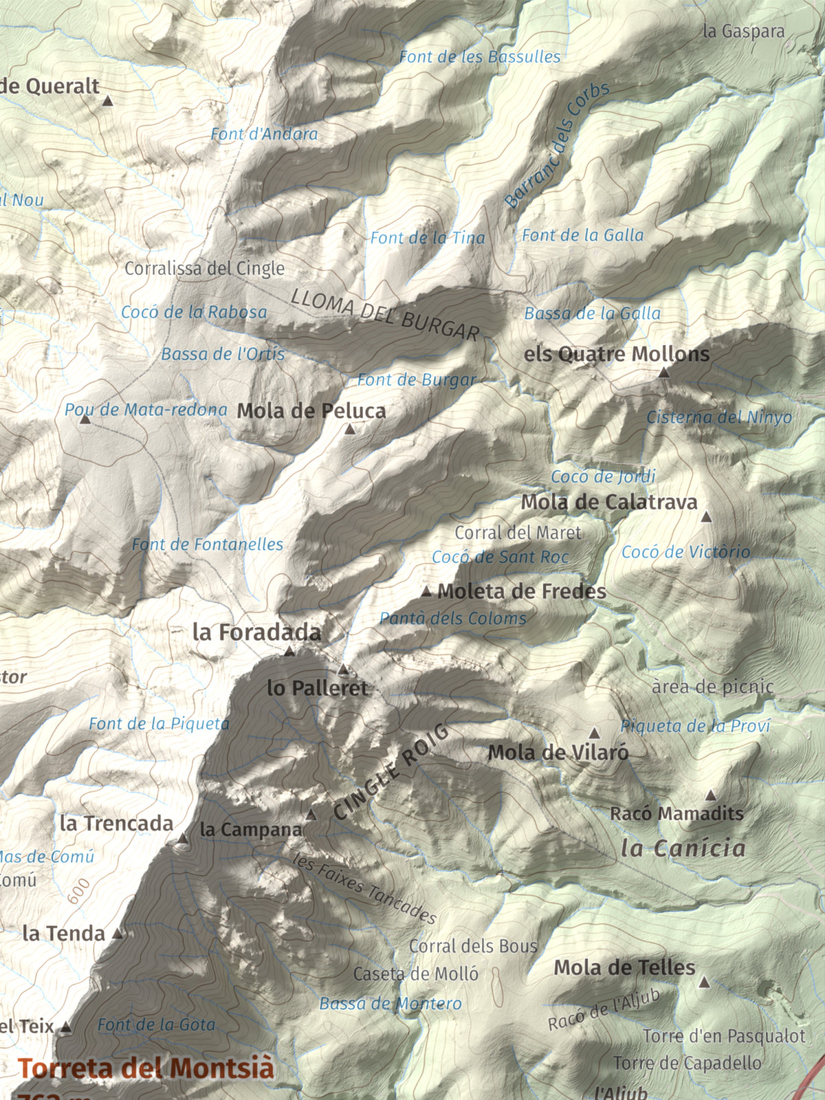 Mapa topogràfic del relleu: Torreta del Montsià, 763 m. Detall de la zona superior dreta. 30 × 40 cm.