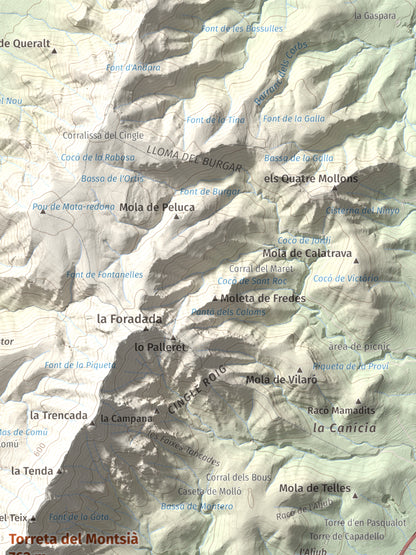 Mapa topogràfic del relleu: Torreta del Montsià, 763 m. Detall de la zona superior dreta. 30 × 40 cm.